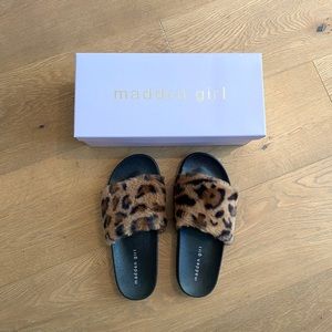 Madden Girl by Steve Madden Leopard Faux Fur Furry Slide Sandals Size 8